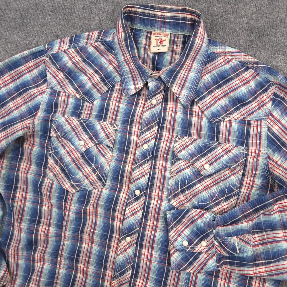 True Religion Western Shirt Mens XXXL Blue Plaid Pearl Snap Embroidered Cowboy